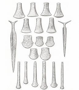Archival line drawing showing a collection of historical axes and elongated tools.