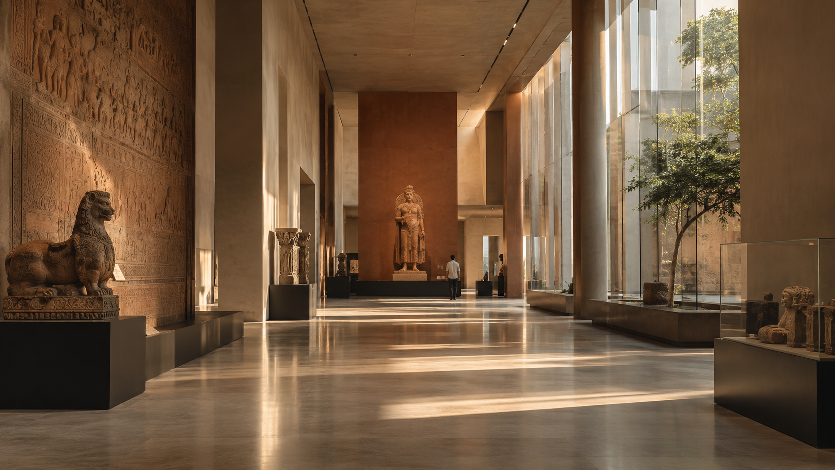 A sunlit museum gallery displaying historic Indian sculptures and carved reliefs.