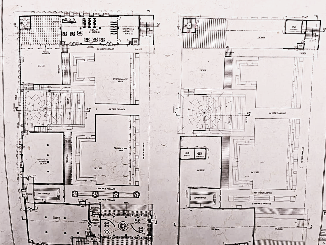 Architectural floor plans for the Mainpuri Cultural Centre, showing galleries, performance and recreational areas, circulation, and landscape elements.