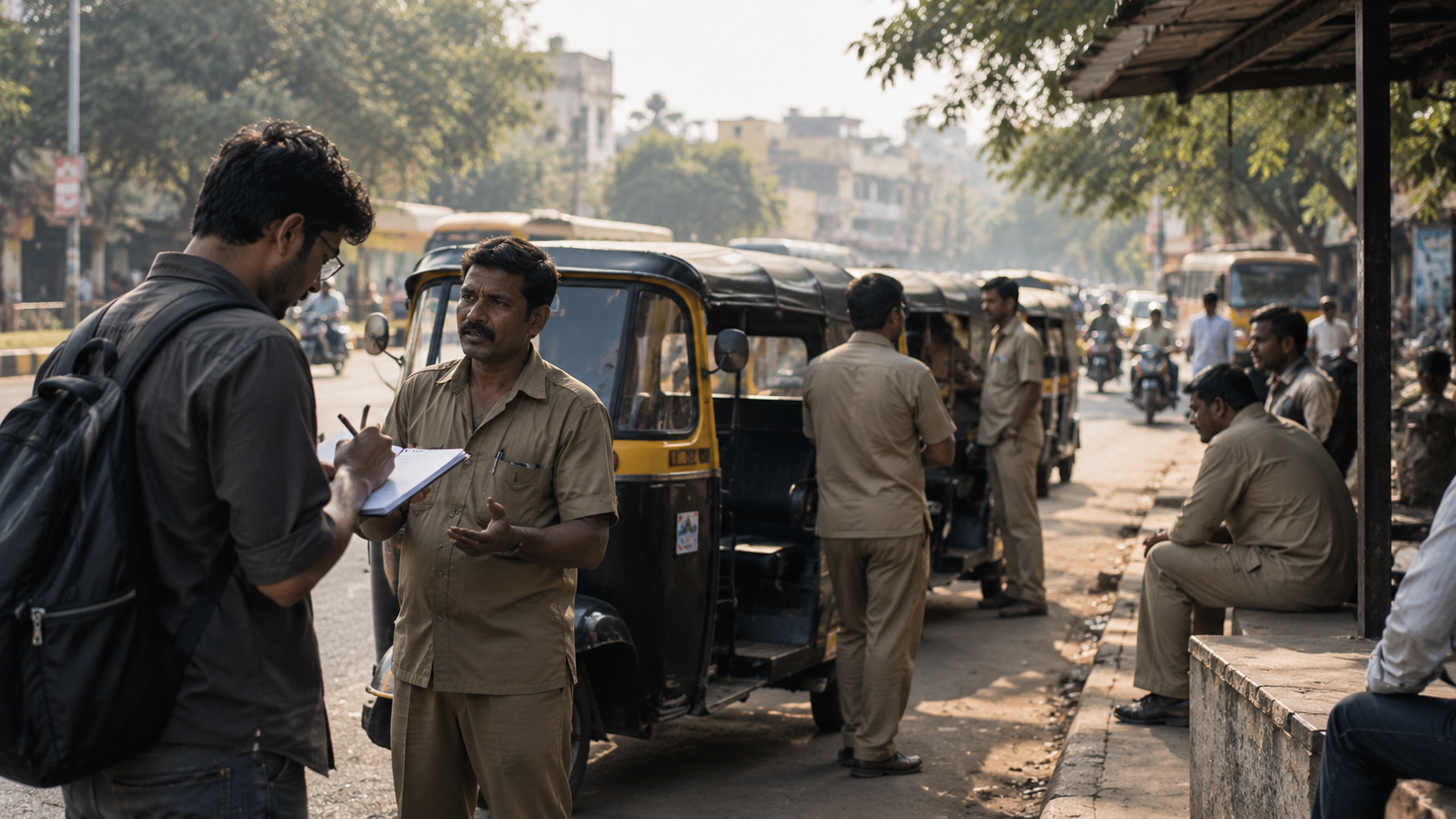Field researcher interviewing an auto-rickshaw driver at a roadside stand in India.