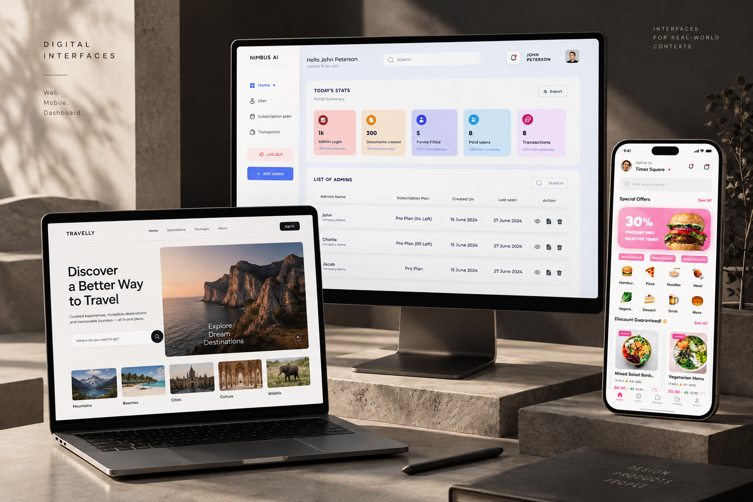 A desktop monitor, laptop, and phone presenting selected digital interface designs.