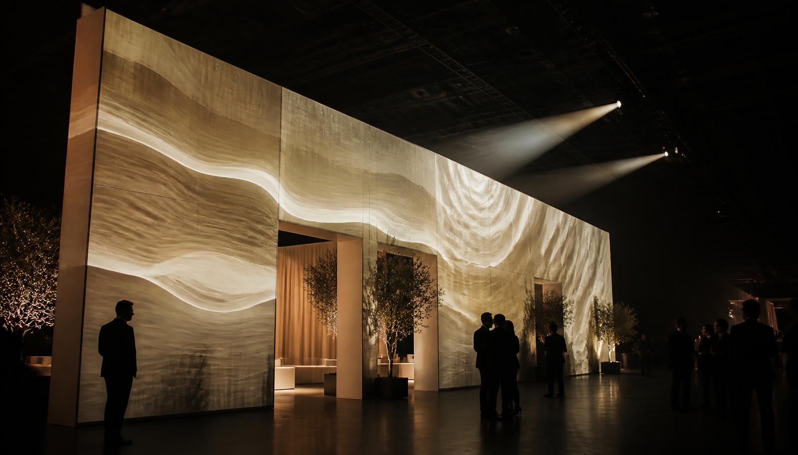 Projection-mapped stage set for the Barco corporate event.